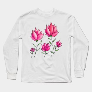 Pink Flowers Ink Watercolor Long Sleeve T-Shirt